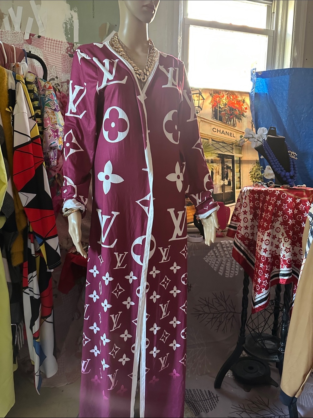 Long Burgundy Printed Women's Coat